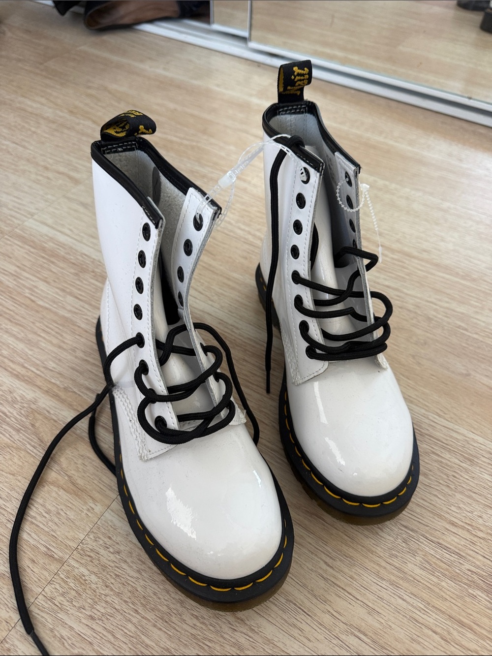 White Patent Lace-Up Combat Boots with Black Trim